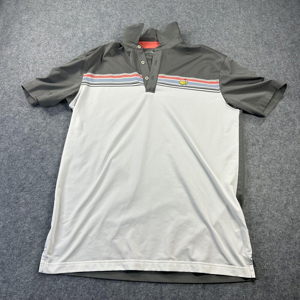 Masters Golf Shirt Mens Medium Gray Polo Striped Stretch Logo Masters Tech